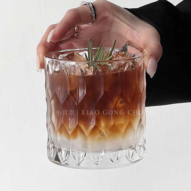 复古大容量菱格玻璃威士忌酒杯