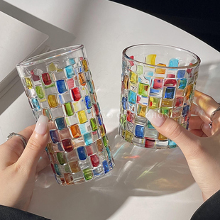 会折射彩虹光藤编杯中古方块格子玻璃杯手绘设计感小众威士忌酒杯