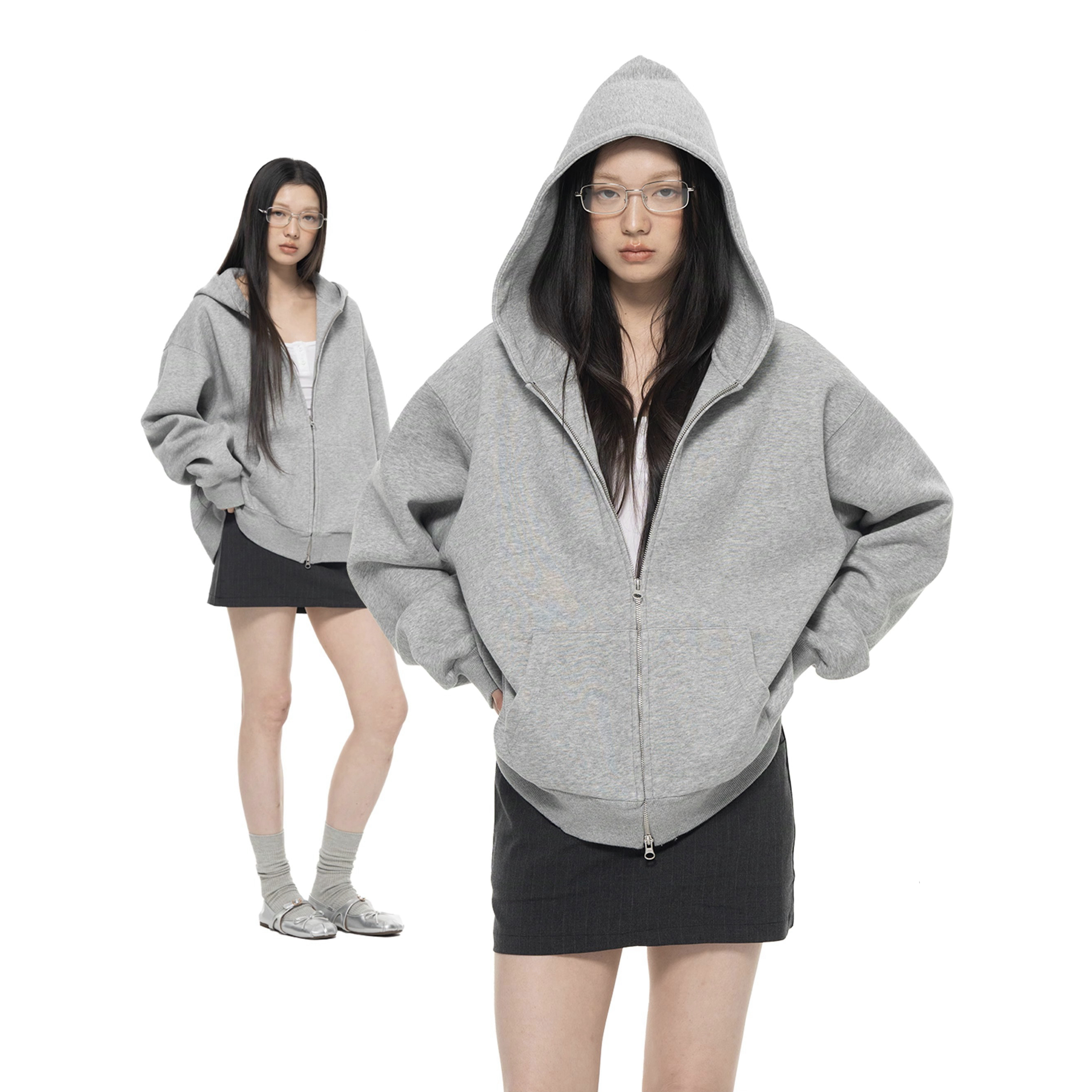 灰色宽松廓形空气层连帽卫衣