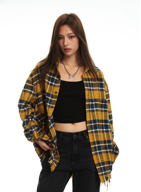 ARCHIVUM(ARC) 磨毛水洗破坏毛边衬衫 复古宽松美式格纹长袖衬衣