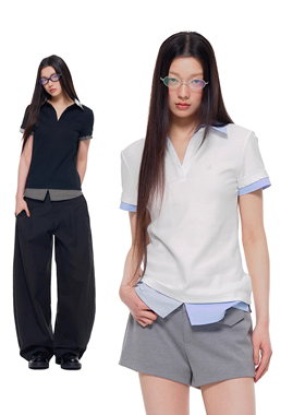 Archivum 复古简约撞色V领POLO假两件短袖T恤女修身显瘦百搭上衣