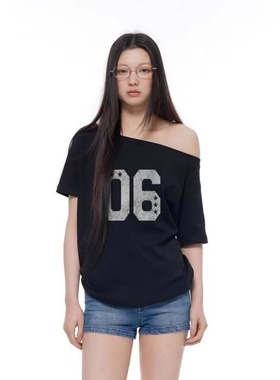 Archivum 复古美式数字印花露肩斜肩宽松休闲短袖T恤女打底上衣