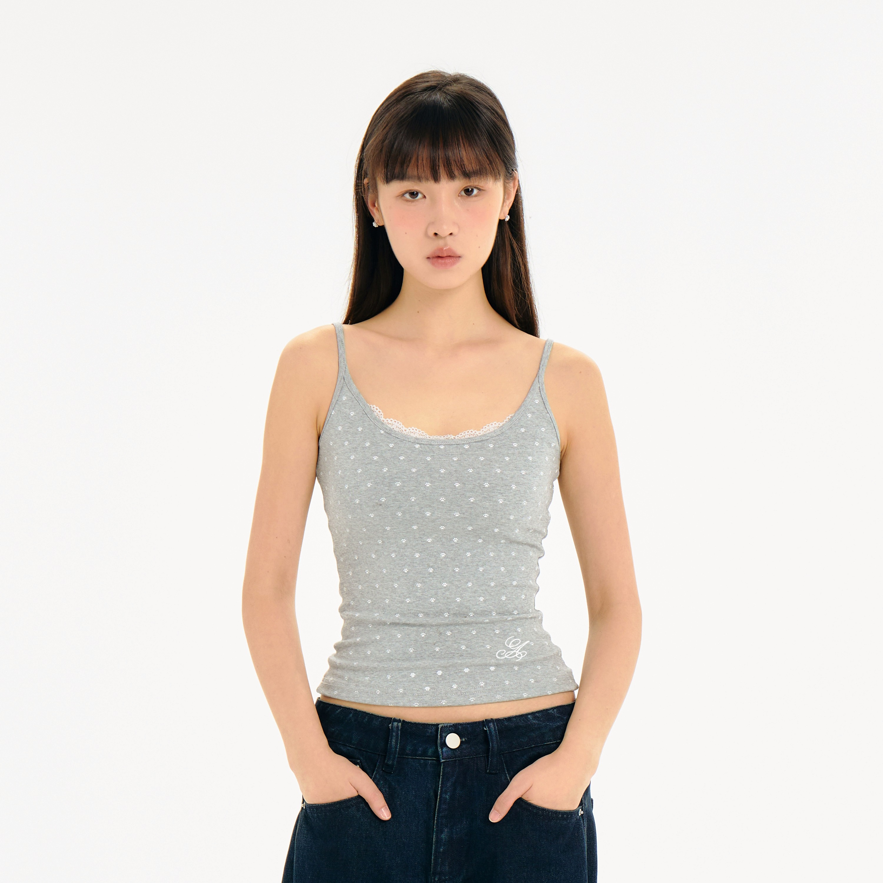 猫爪波点蕾丝修身吊带背心