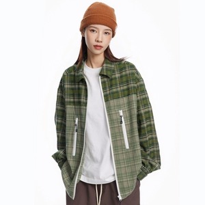 格子拼接拉链衬衫外套男女