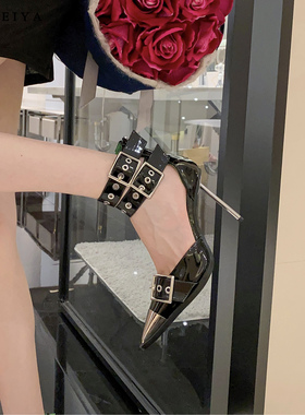 一般人把握不了~2025春尖头朋克风高跟鞋皮带扣绿色内里细跟凉鞋