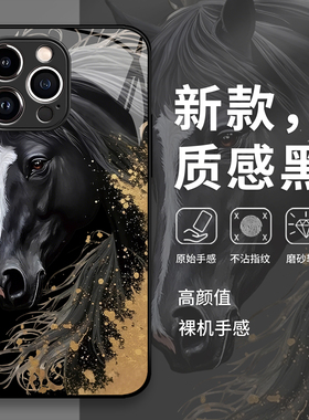 黑色俊马手机壳苹果17promax黑色16国风iphone15高级感14小众13pro玻璃12mini/11适用x/8plus/xr/xs/7/air/se