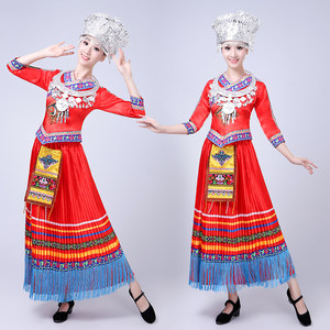 彝族舞蹈服装成人女火把节百褶裙表演服饰苗族