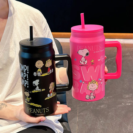 史努比不锈钢保温杯大容量高颜值水杯带吸管1500ml杯子便携办公室