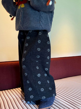 女孩复古花朵毛呢阔腿裤