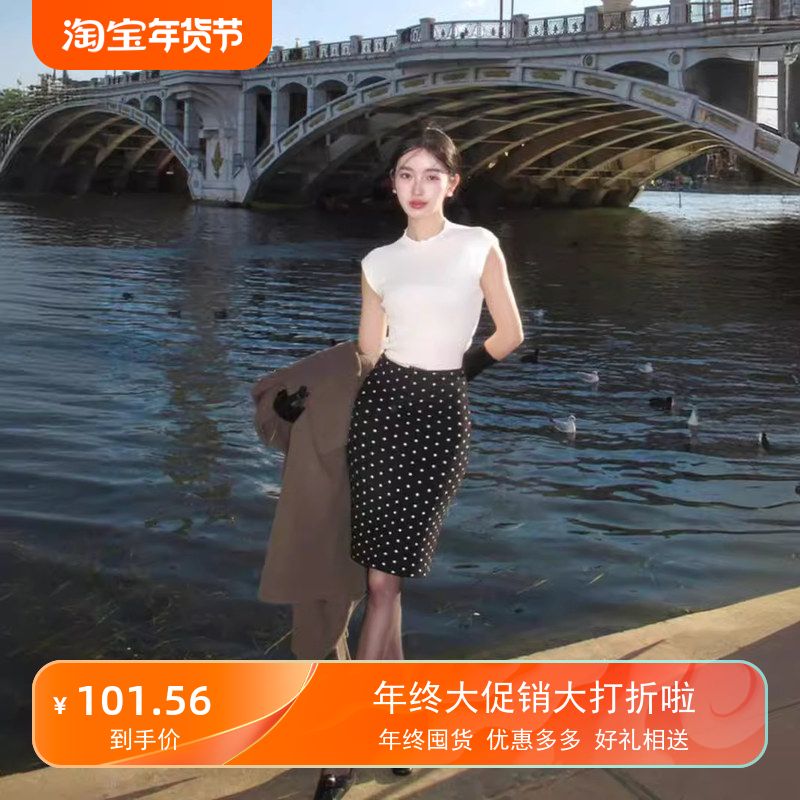 法式高腰波点针织包臀半身裙女夏季修身显瘦小个子辣妹鱼尾短裙子