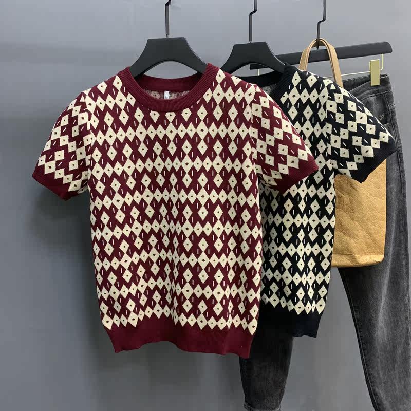 秋冬款男士菱形格修身短袖针织衫圆领撞色提花休闲时尚百搭打底衫