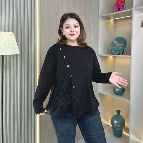 大码胖mm春秋蕾丝拼接不规则上衣