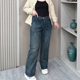 大码 女装 高腰直筒牛仔裤 春秋新品 女胖mm宽松显瘦弹力休闲阔腿裤 子