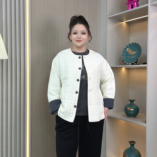 新款 胖mm秋冬季 休闲风夹棉竖条纹压线圆领单排扣棉服外套 女装 大码