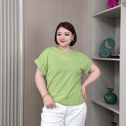 大码休闲显瘦飞机袖棉麻T恤女夏