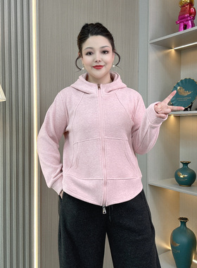 大码女装加绒连帽卫衣拉链外套秋冬保暖胖mm宽松遮肚显瘦加厚上衣