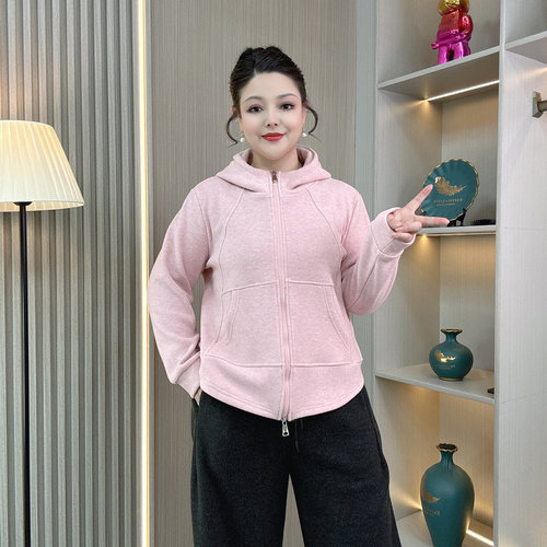 大码女装加绒连帽卫衣拉链外套女