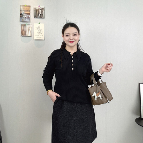 翻领纽扣针织衫女大码打底衫毛衣