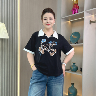 女装 印花短袖 夏季 时尚 T恤女胖mm显瘦遮肚子宽松翻领上衣 新品 大码