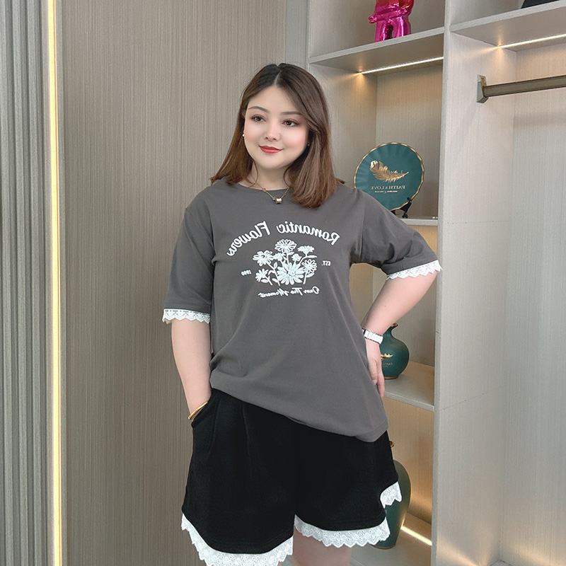 大码女装胖mm印花正肩短袖T恤棉