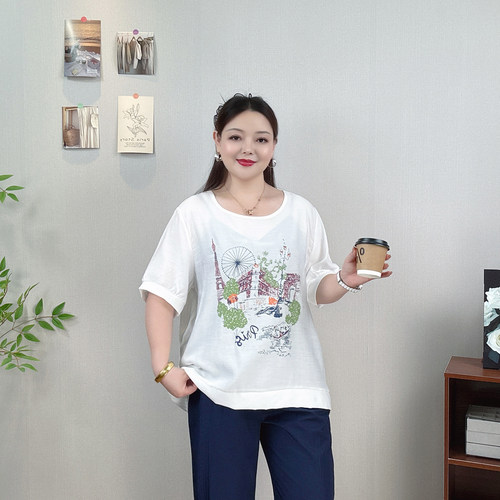 大码女装时尚印花短袖T恤夏上衣