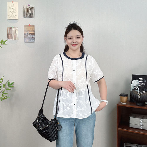 纯棉刺绣衬衫女大码薄款短袖上衣