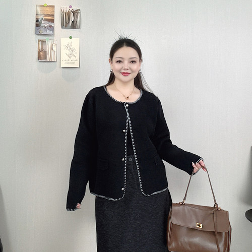 黑色小香风针织毛呢外套女短大衣