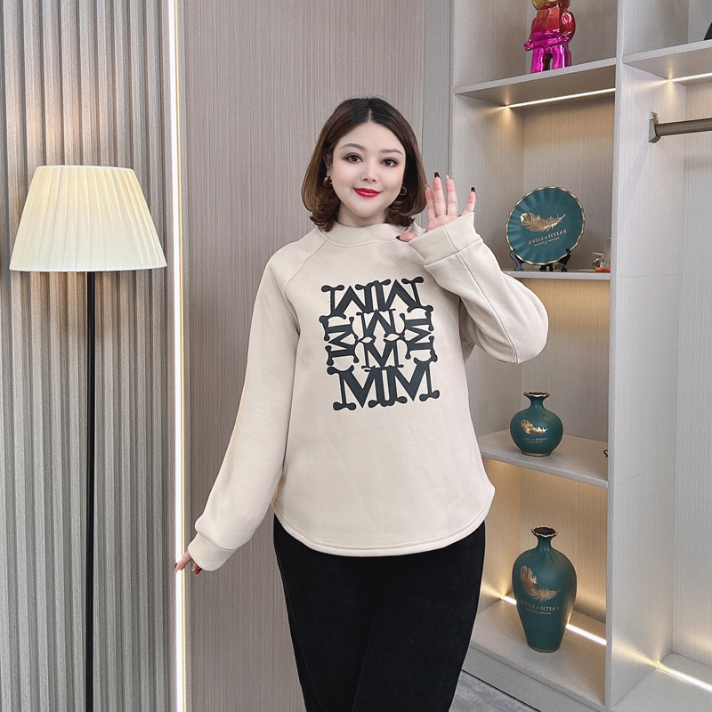 2025秋冬大码加绒保暖印花卫衣女