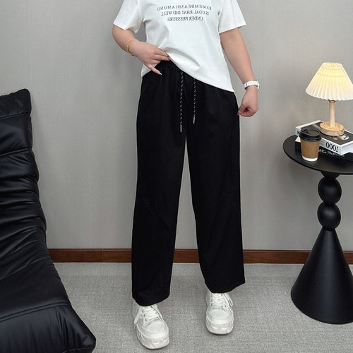 大码松紧高腰弯刀裤女九分直筒裤