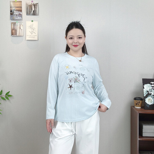 长袖印花t恤女秋大码休闲打底衫
