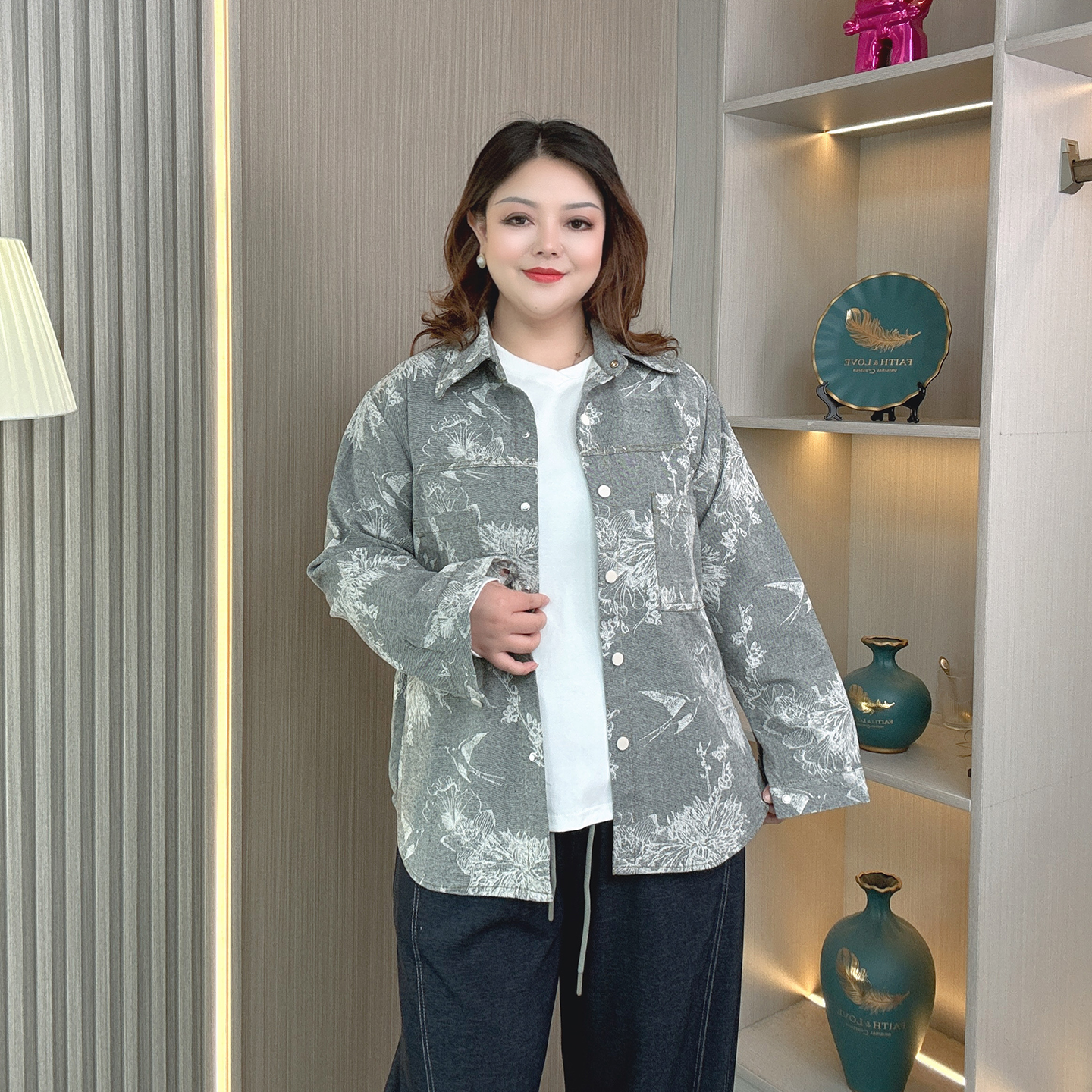 大码女装水洗提花牛仔衬衫外套