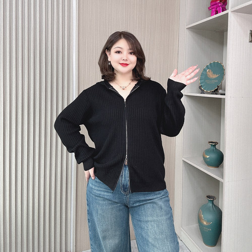 2025大码双拉链针织开衫毛衣外套