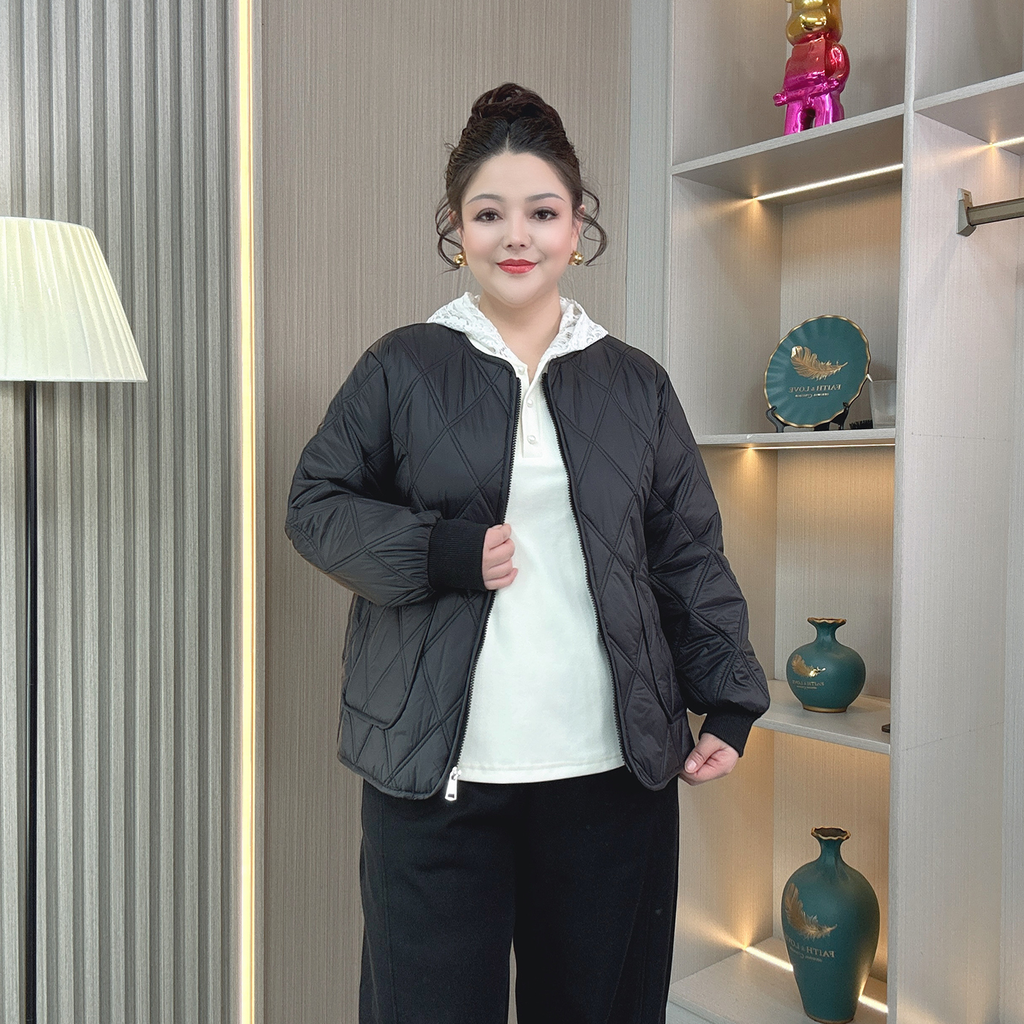 冬季新款轻薄菱格夹棉棉服外套女