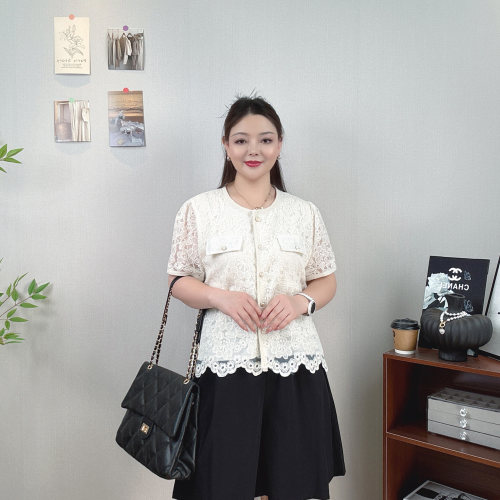 大码蕾丝刺绣短袖衬衫女漂亮上衣