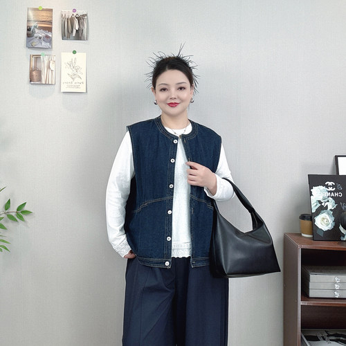 大码春秋无袖牛仔马甲女坎肩外套