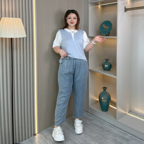 大码女装夏季薄款天丝牛仔九分裤