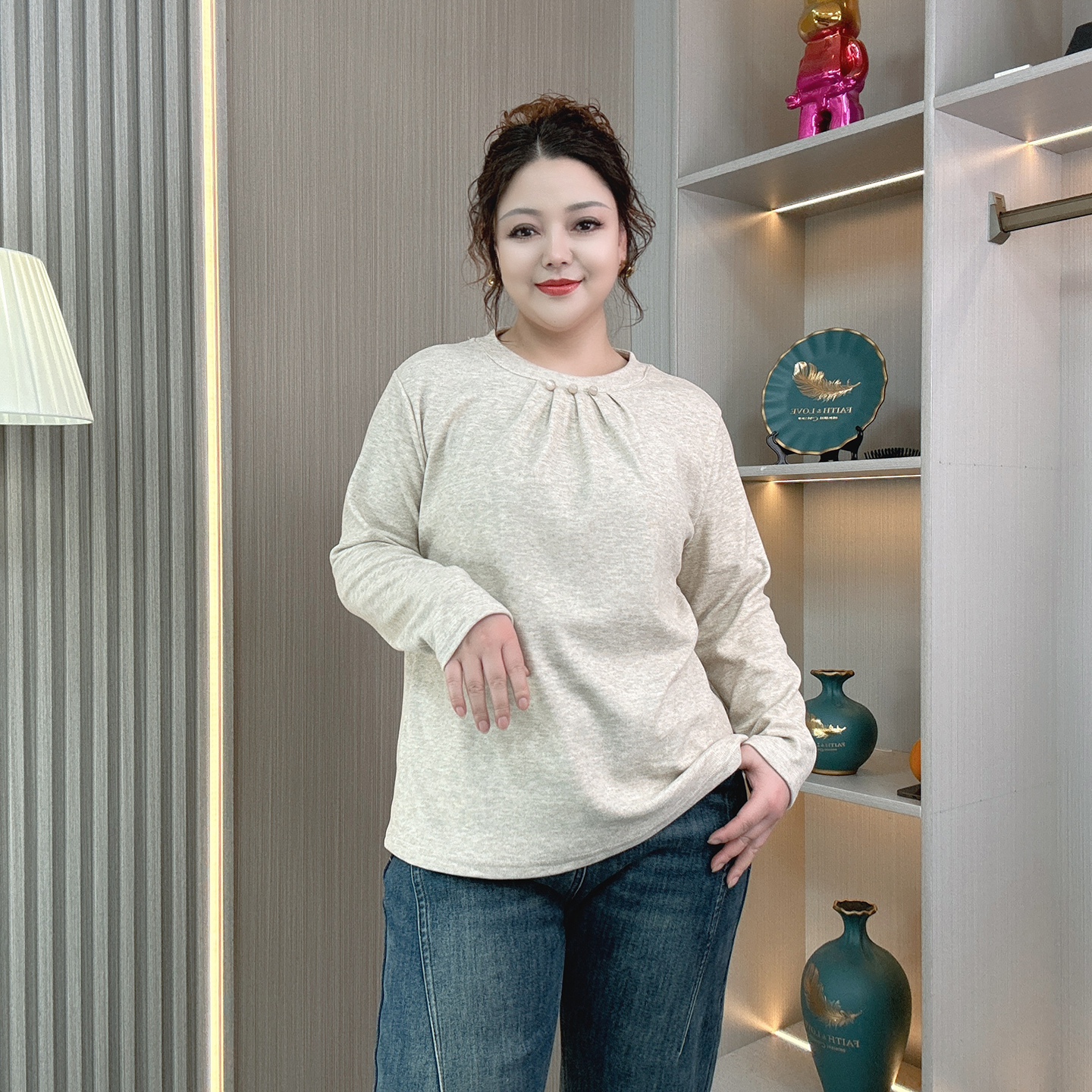 大码女装秋冬长袖加绒打底衫上衣