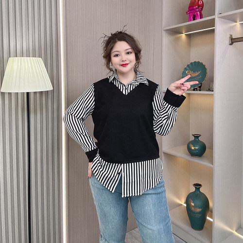 大码春季新款假两件条纹衬衫上衣