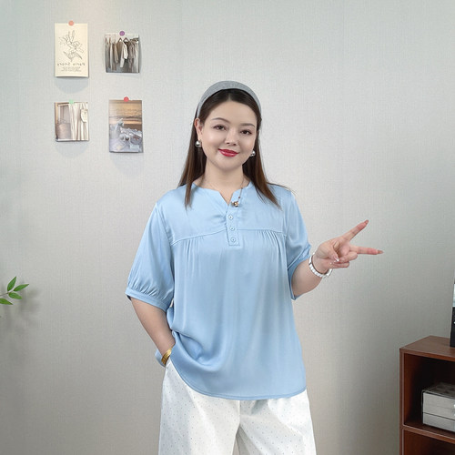 V领短袖衬衫女夏大码T恤中袖上衣
