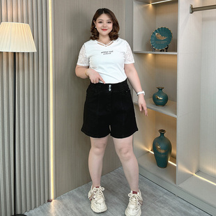 胖mm显瘦遮肚小个子a字阔腿热裤 黑色高腰牛仔短裤 大码 女夏季 薄款