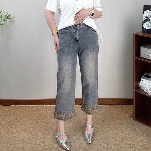 刺绣烫钻阔腿牛仔裤女大码八分裤