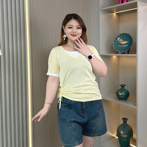 大码微胖mm时尚针织衫T恤上衣女