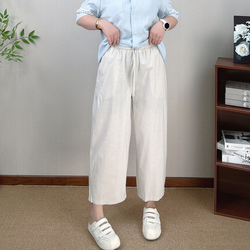 莱赛尔亚麻高腰八分阔腿裤女大码