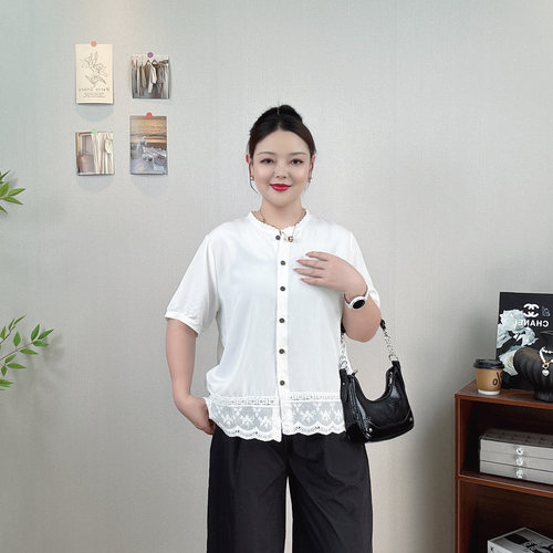 蕾丝拼接短袖衬衫女大码白色上衣
