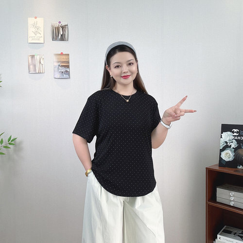 黑色波点短袖T恤女大码冰丝上衣