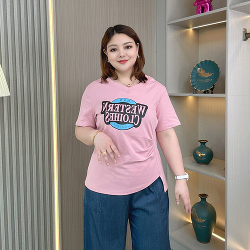 大码夏季不规则褶皱显瘦短袖T恤