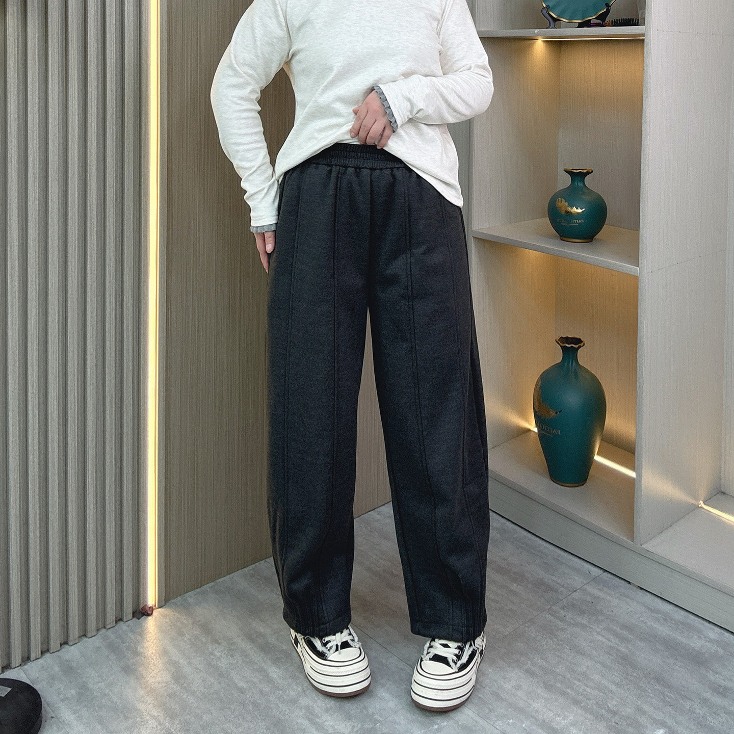 毛呢高腰加绒九分休闲裤女冬季