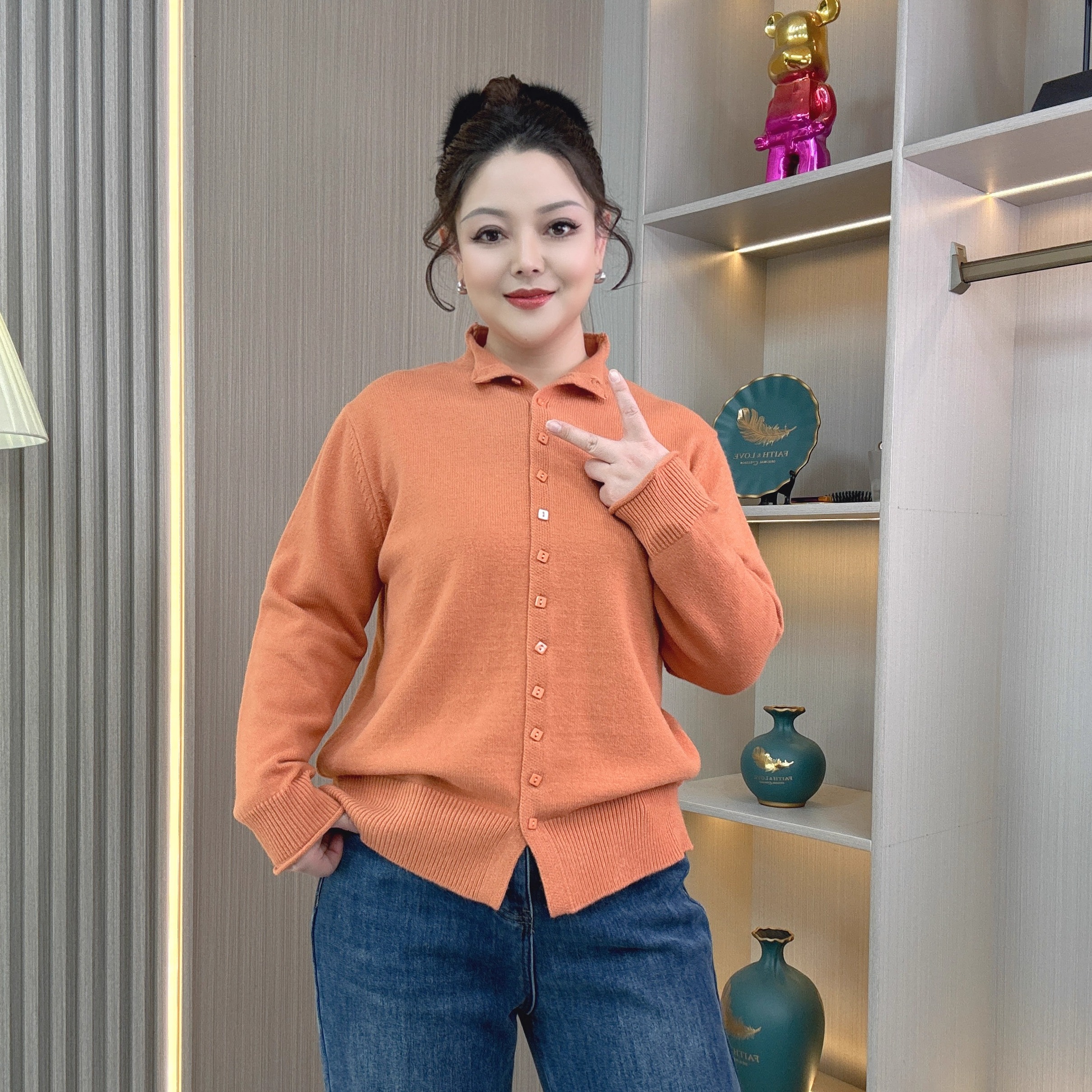 老钱风半高领针织开衫女毛衣外套