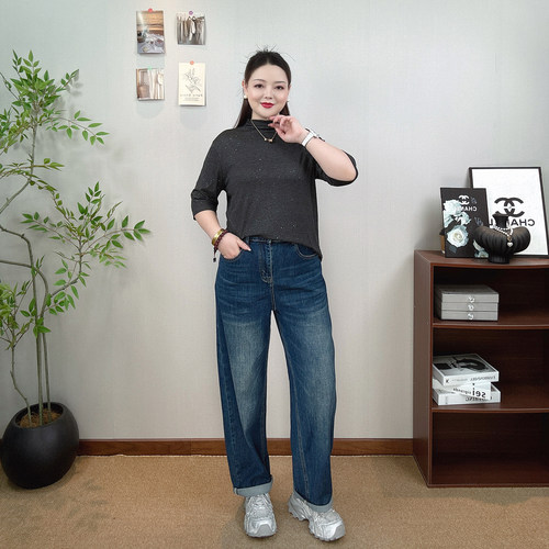 高腰直筒牛仔裤女大码老爹阔腿裤