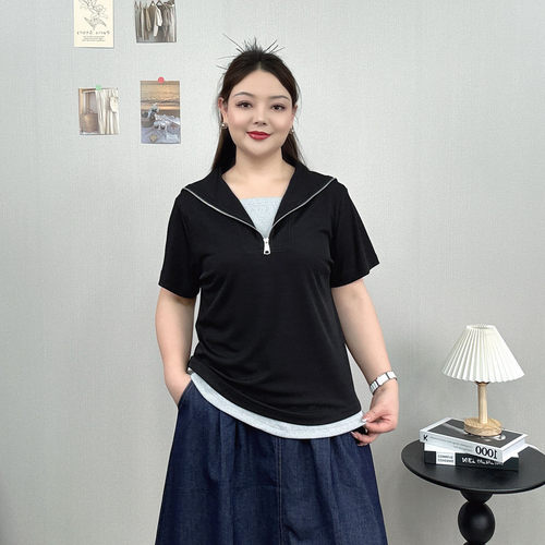海军领半拉链短袖T恤女大码上衣